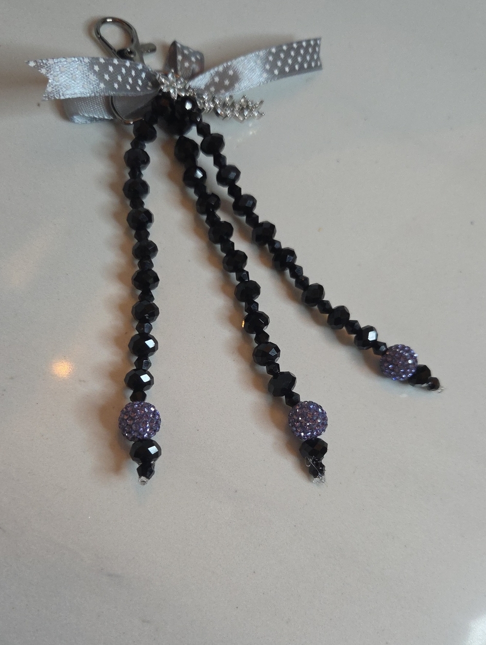 Beaded Bag Charm with Black and Lavender